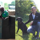 Two images of a person with a dog: one showing the dog inside a Tuffies orthopaedic nest bed the other outdoors.